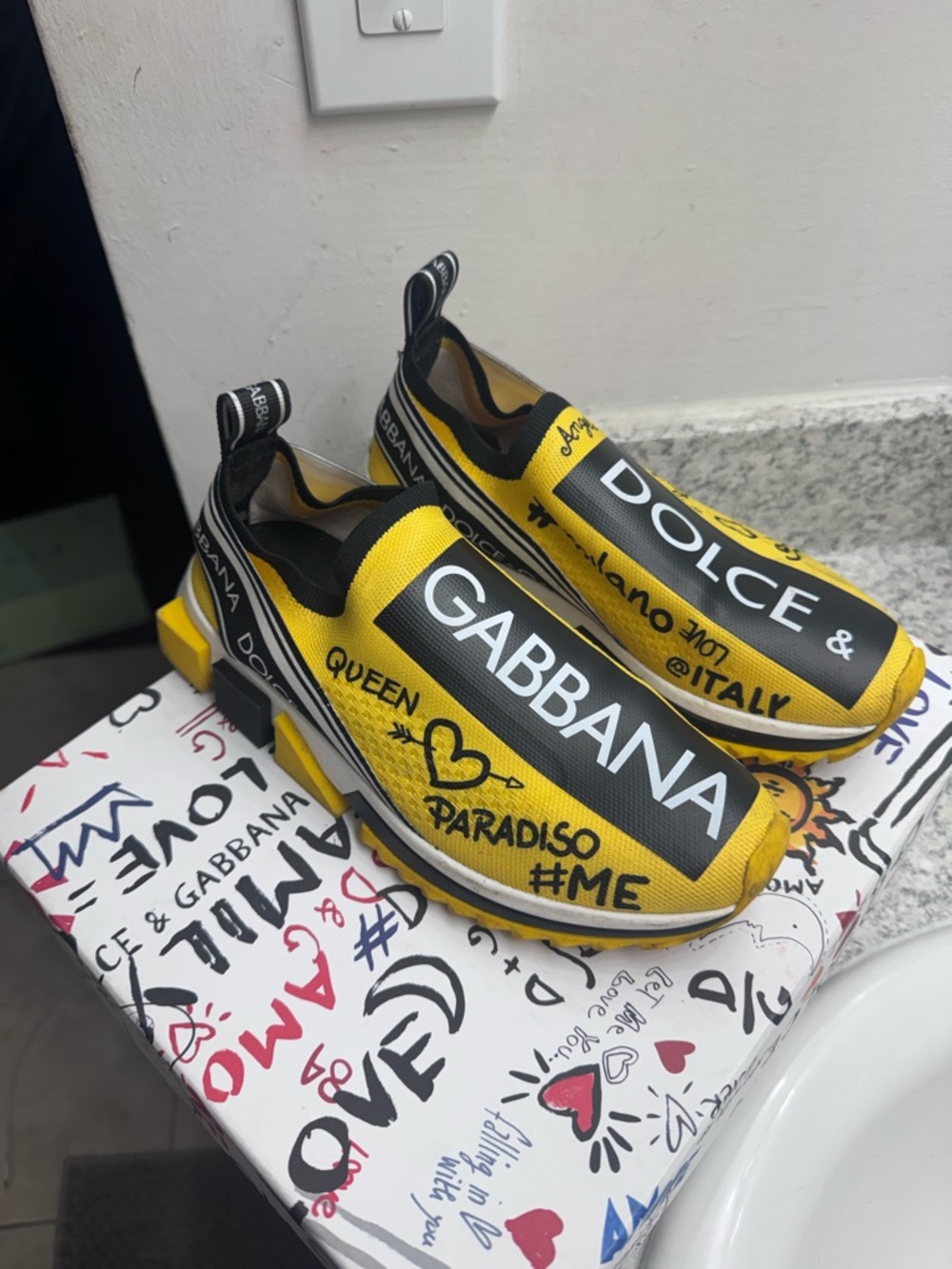 Dolce & Gabbana Yellow and Black Logo Slip-On Sneakers